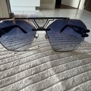 Philipp Plein Silver and Black Aviator Sunglasses